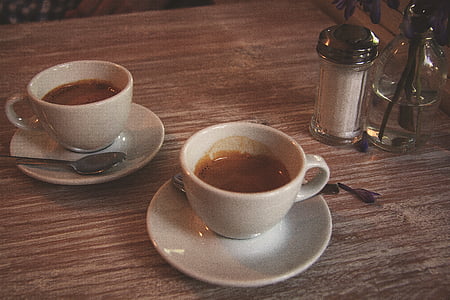 white, cups, plate, wooden, table, coffee, hot