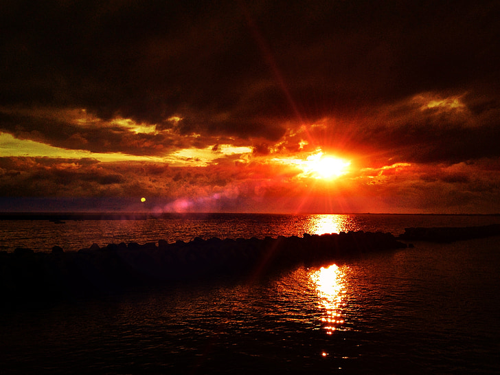 sunset, sea, light, sky