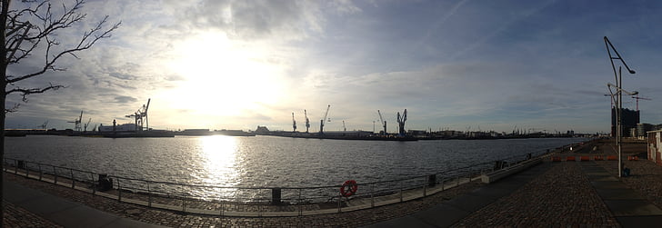 Hamburg, hamn, vinter, Tyskland, Elbe, fartyg, Landungsbrücken