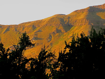 mountains, yellow-green, sunlight, glow, folds, summer, late afternoon