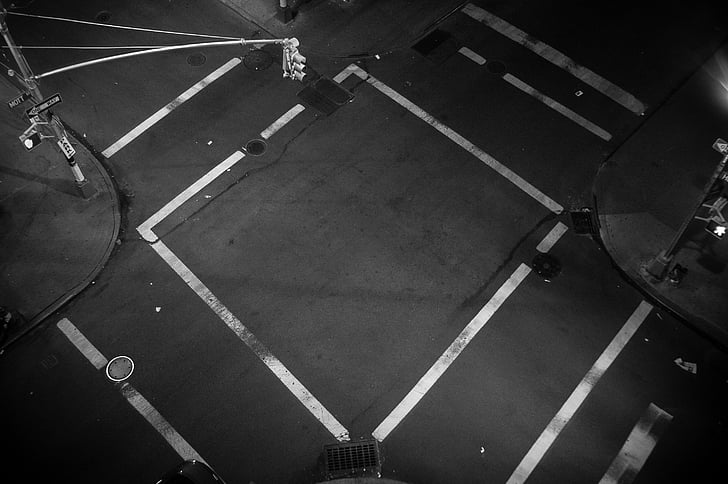 black white, geometric pattern, junction, road intersection, road signs, roads, street lights