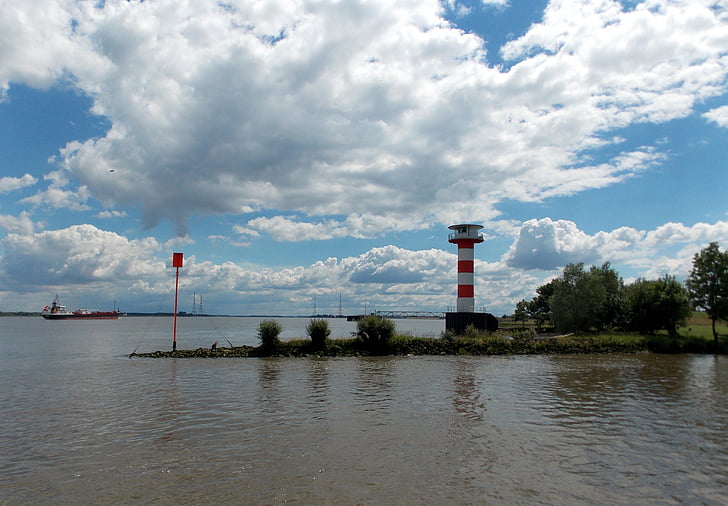 elbe, river, lighthouse, waters, water, clouds, nature
