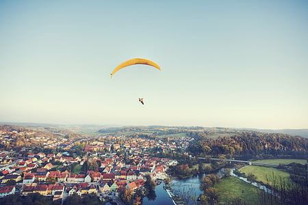 滑翔伞, 城市, 滑翔伞, 飞, 天空, 浮法, dom