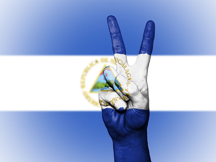 Nicaragua, fred, hånd, nation, baggrund, banner, farver