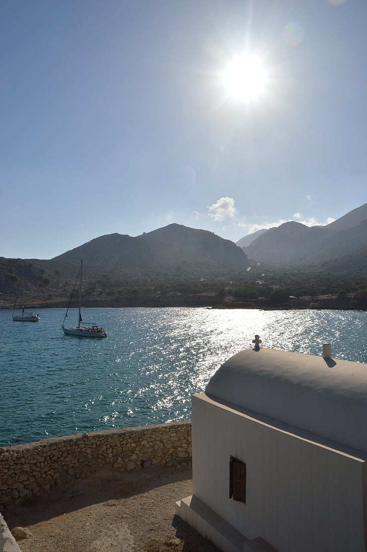 chalki, sea, greece, church, boat, sun, island