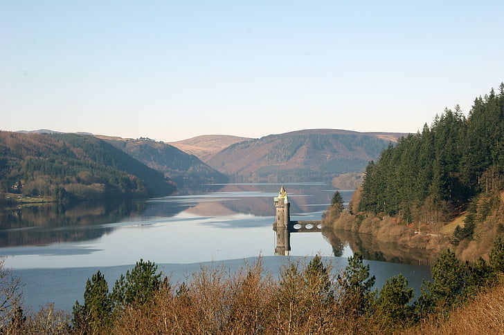 Château, Lac, Vyrnwy, au pays de Galles, paysage, nature sauvage, paysage