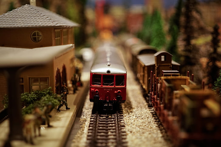 επιλεκτική, εστίαση, φωτογραφία, κόκκινο, τρένο, παιχνίδι, μοντέλο