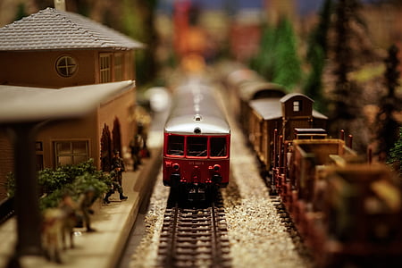 selective, focus, photography, red, train, toy, model
