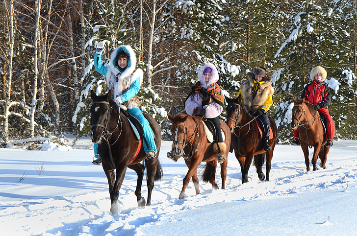 gek, sneeuw, Rusland, winter, koude, Paardrijden, Womens