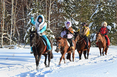 loco, nieve, Rusia, invierno, frío, paseo a caballo, mujeres