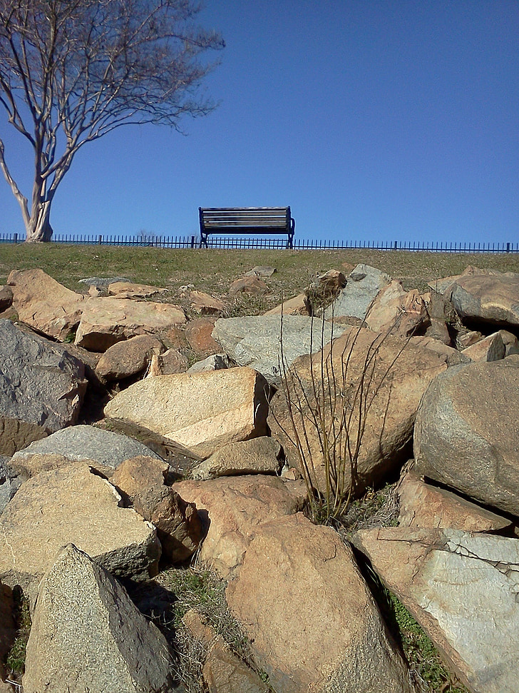 park, bench, rocks, stones, outdoors, blue, sky