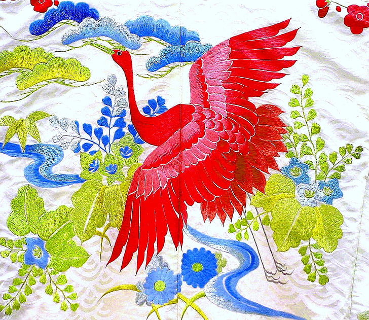 quimono, Japonês, tradicional, tecido, seda, bordado, pássaro