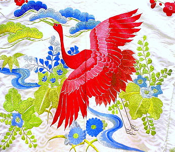 kimono, japanski, tradicionalni, tkanina, svila, vezenje, ptica