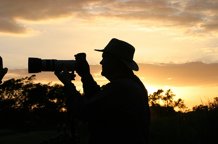 fotógrafo de vida silvestre, puesta de sol, silueta, naturaleza, al aire libre, cámara, creativa