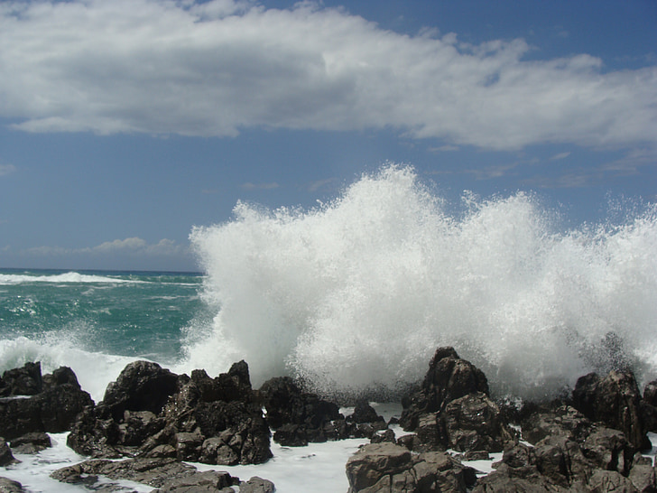 part, sea, beach, wave, rocky, stones, blue