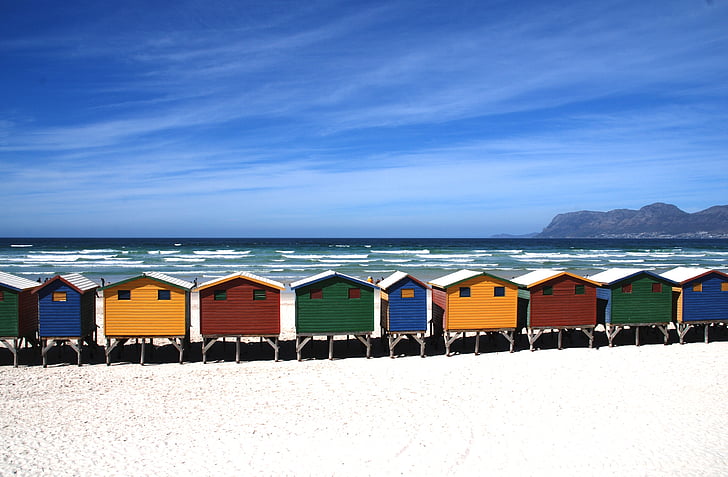 stranden, Beach huts, färgglada, färgglada, stugor, Ocean, personer