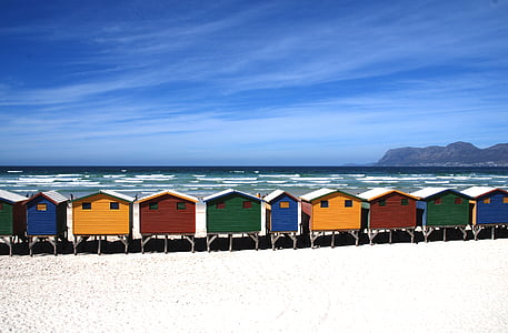 beach, beach huts, colorful, colourful, cottages, ocean, people