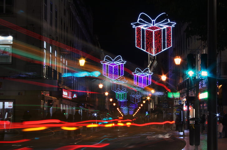 christmas, tourist, gifts, lights, street