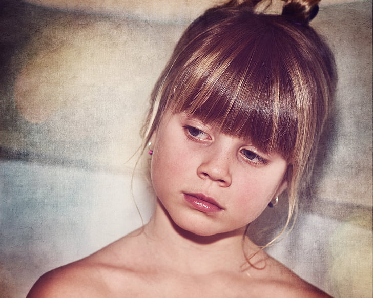 child, girl, blond, face, view, portrait, sad