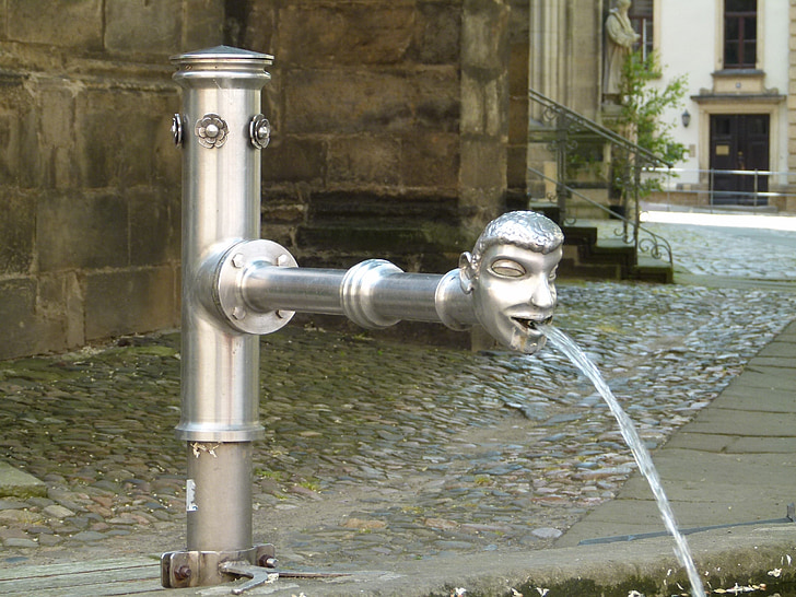 pirna, germany, fountain, water, spigot, pavement, urban
