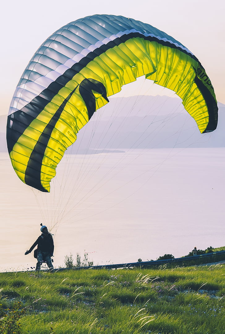 person, ground, pulling, parachute, air, sports, paragliding