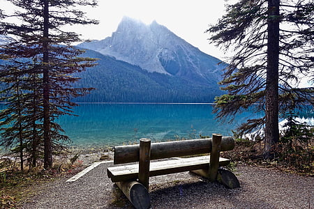 seient, cadira, a l'exterior, d'estar, fusta, muntanyes, veure