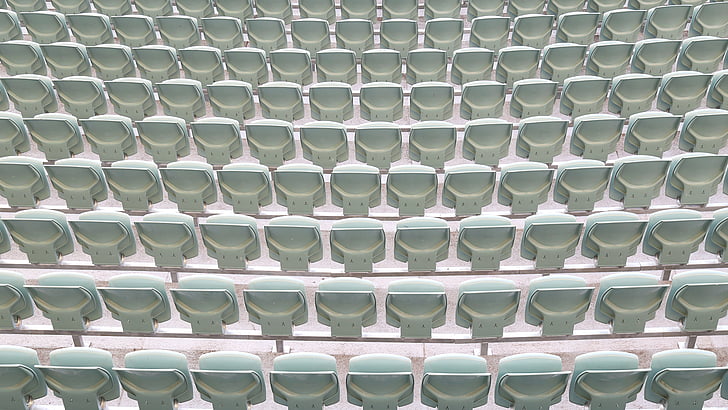 столове, празен, редове, стадион, в един ред