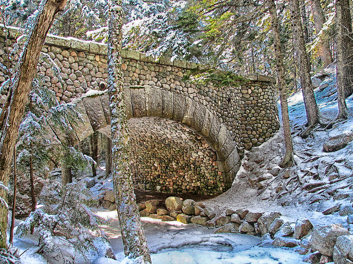Maine, pont, hiver, neige, glace, HDR, Forest