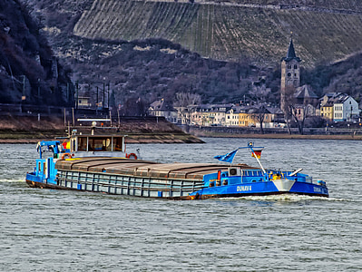 rhine river, germany, ship, barge, boat, mountains, village