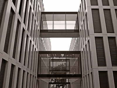 Architektura, moderní, budova, fasáda, sklo, okno, Düsseldorf