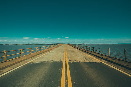 asphalt, bridge, ocean, road, sea, sky, water