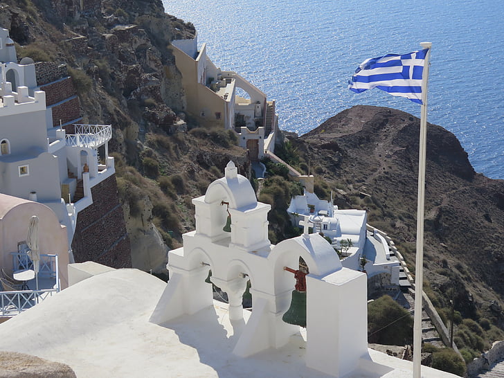Santorini, bažnyčia, Graikija, valstybės vėliava, Viduržemio jūros