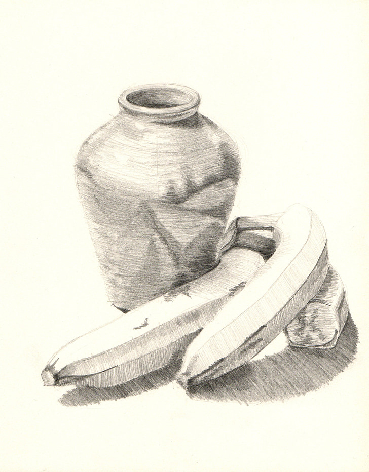 still life, bananas, vase, drawing, pencil, art, artwork
