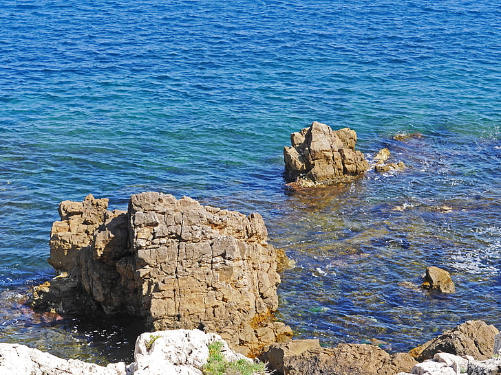 costa rochosa, Mediterrâneo, onda, rocha, Côte d ' azur, Sul da França, Antibes
