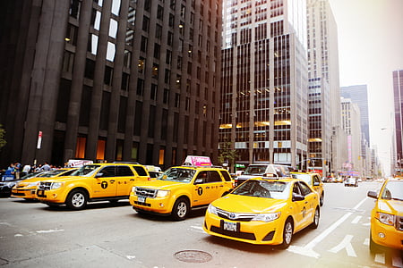 cabines, voitures, ville, tours d’habitation, New york, rue, taxis