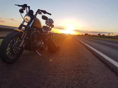 Harley davidson, bici, corsa, tramonto, motociclo, orizzonte, pomeriggio