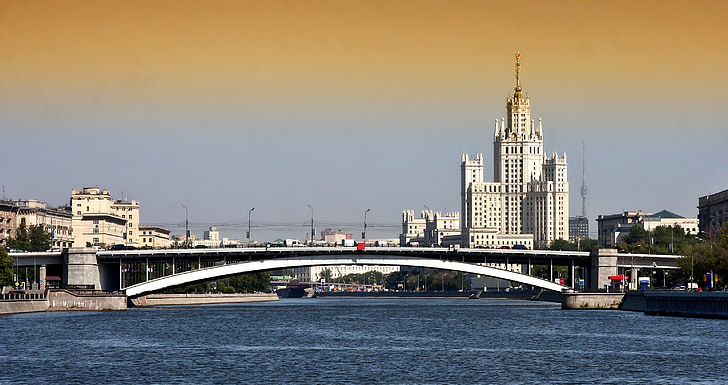moscow, bridge, buildings, sky, clouds, skyline, city