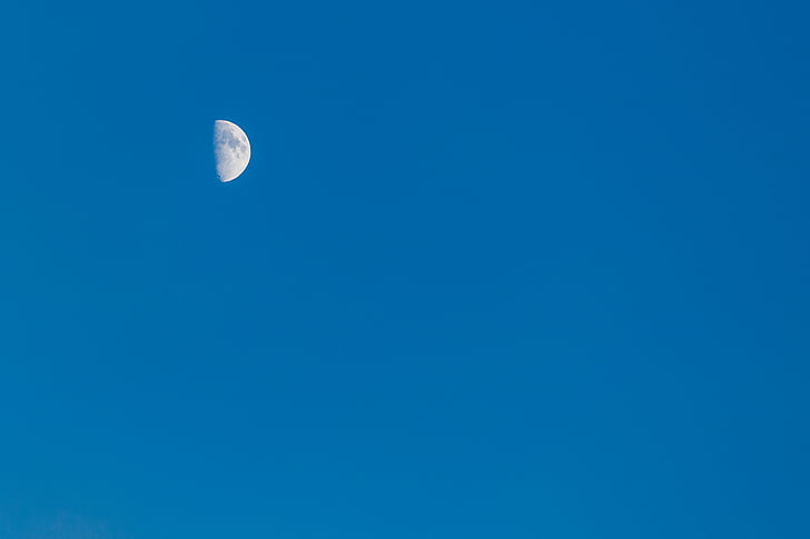 ท้องฟ้าสีฟ้า, ฮาล์ฟมูน, ดวงจันทร์, ท้องฟ้า, สีฟ้า, แสงจันทร์, ธรรมชาติ