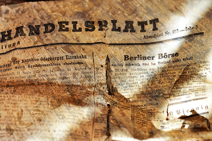 newspaper, daily newspaper, handelsblatt, font, information, antique, old