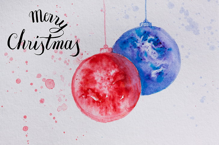 Karácsony, megjelenítése, labda, karácsonyi dísz, piros, kék, akvarell
