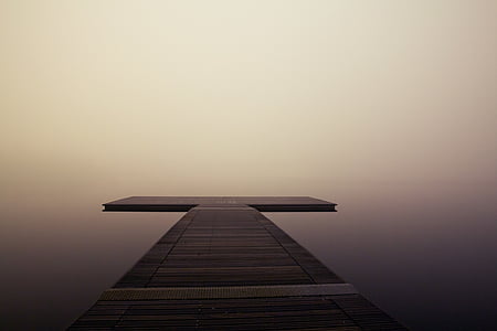 桟橋, 木製, 湖, 海, 海, 静かです, 霧