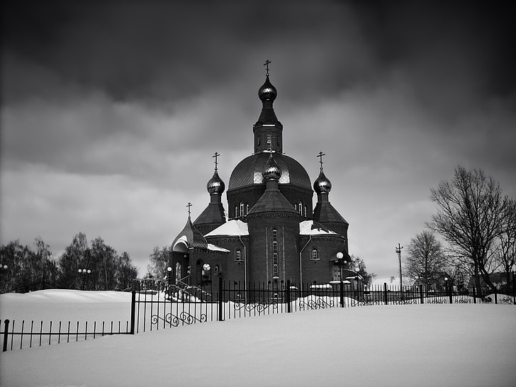 Rusko, kostel, ortodoxní, černá a bílá, obloha, mraky, budova
