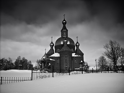 Liên bang Nga, Nhà thờ, chính thống giáo, màu đen và trắng, bầu trời, đám mây, xây dựng