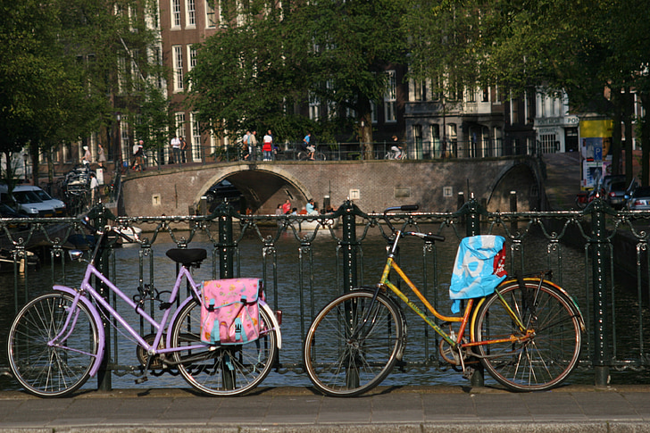 bicycle, bridge, amsterdam, netherlands, canal, water, town