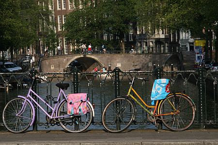 自行车, 桥梁, 阿姆斯特丹, 荷兰, 运河, 水, 小镇