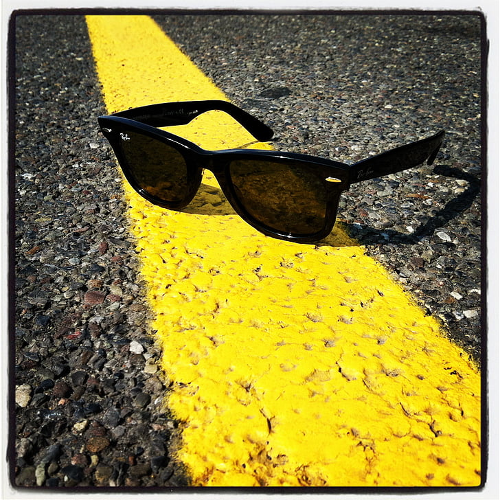 black, framed, sunglasses, yellow, line, road, eyewear