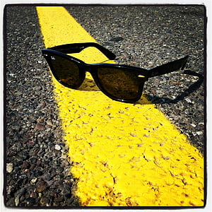 svart, innrammet, solbriller, gul, linje, veien, briller