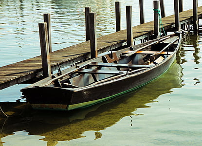barca de rems, passeig marítim, embarcador, bota, individualment, fusta, calma
