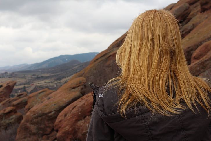 red head, girl, nature, view, woman, mountain, adventure