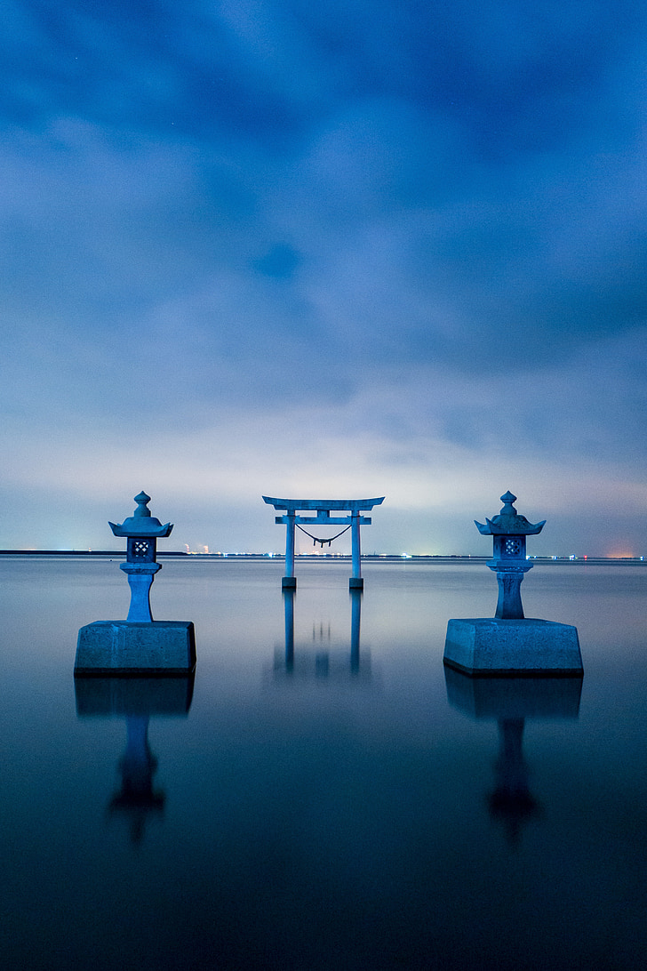 Japán, Kumamoto, szentély, naplemente, tenger, Nagao shrine, felhő